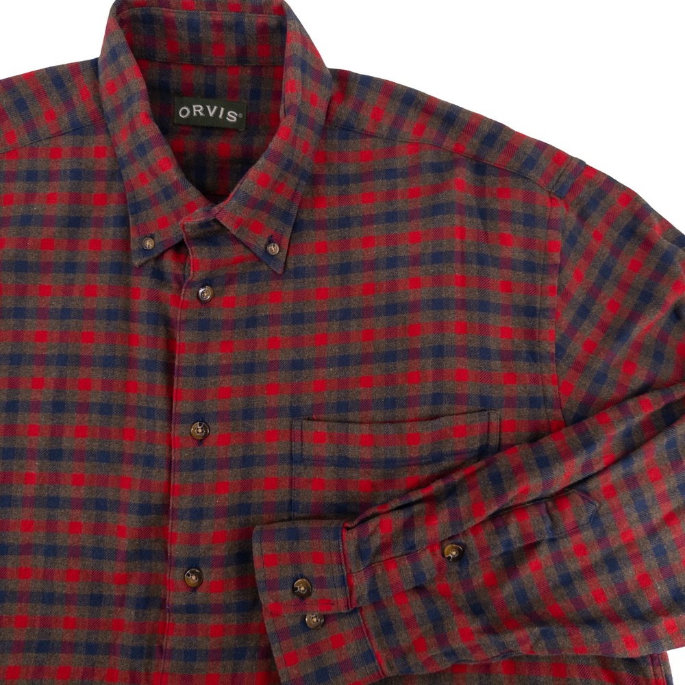 Orvis Mens XL Button Down Shirt Red Plaid Long Sleeve Heavy Flannel Heritage
